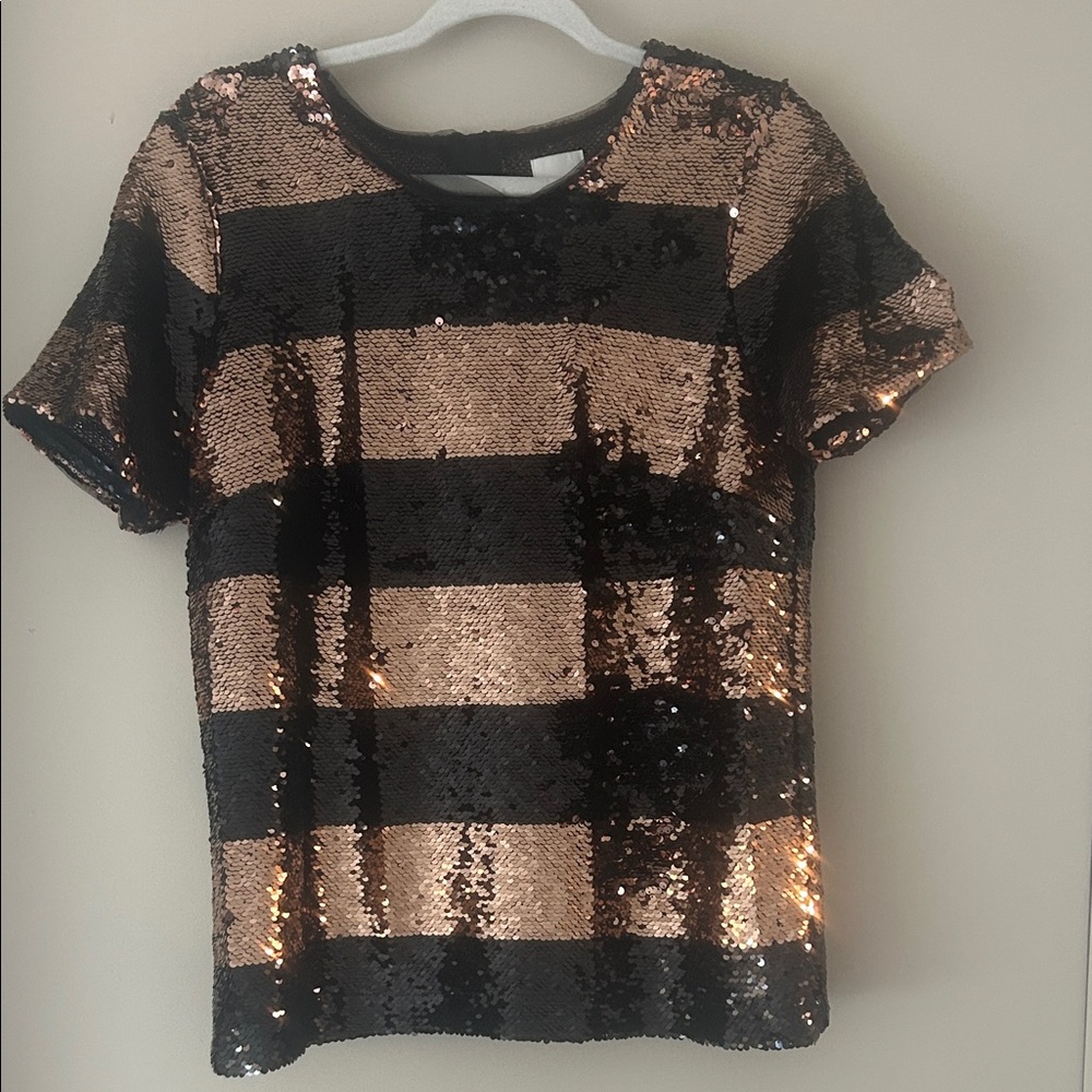 Anthropologie Black and Gold Sequin Short Sleeve Top